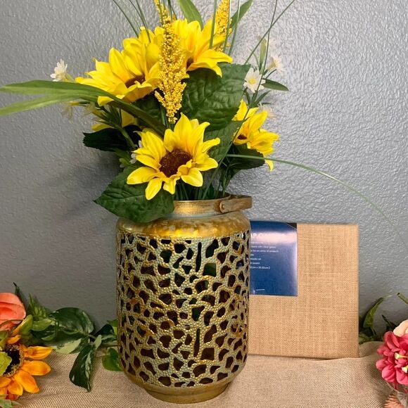 Home Decor Metal Lantern Vase - Vintage Finish - Intricate Open Pattern - Picture 6 of 14